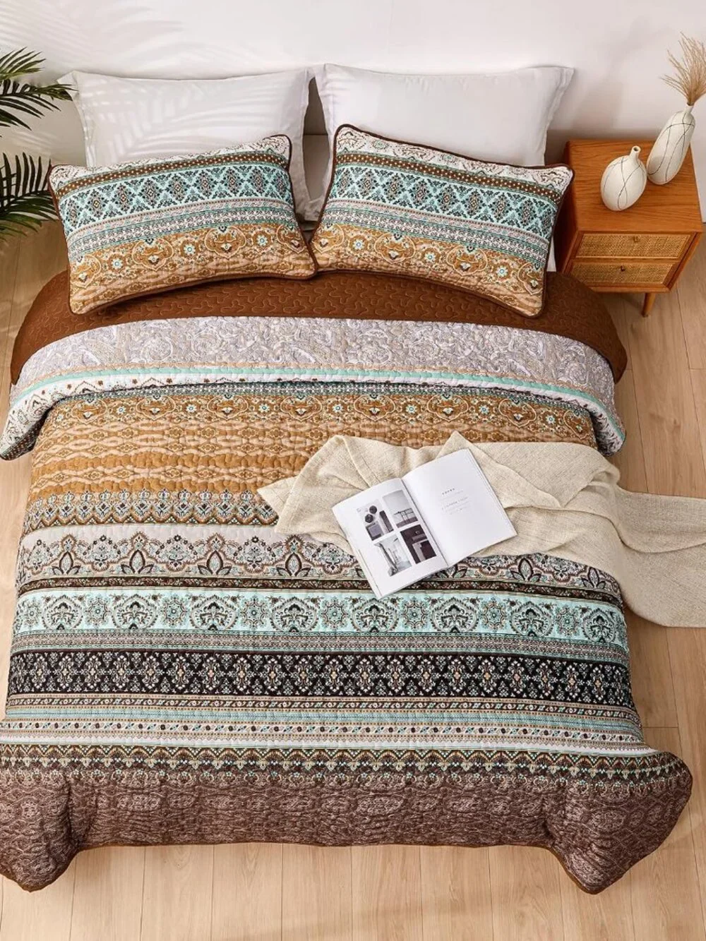 Boho Quilts Queen Size, 3 Pieces Bedspread Bedding Set, Brown | Bohemian Lightwe_7